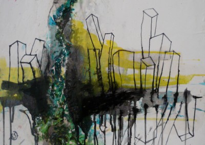 NR.M24, 50 X 50 CM, MIXED MEDIA, ACRYL, TUSCH OG COLLAGE PÅ LÆRRED