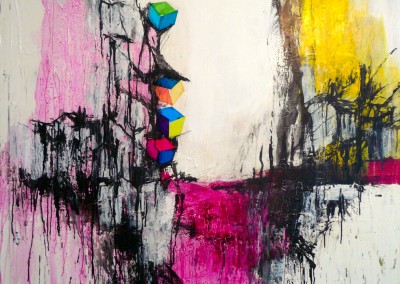 NR.M6, 120 X 150 CM, MIXED MEDIA, ACRYL, TUSCH OG COLLAGE PÅ LÆRRED